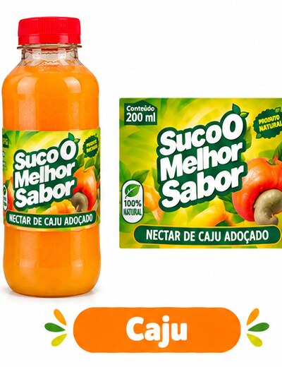 Garrafa e rótulo original de Caju Suco O Melhor Sabor