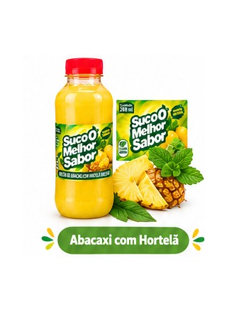 Garrafa e rótulo original de Abacaxi com Hortelã Suco O Melhor Sabor