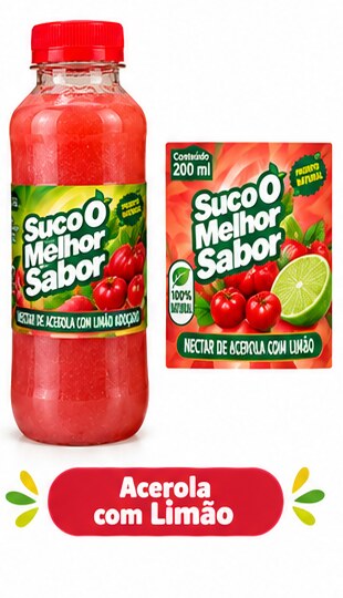Garrafa e rótulo original de Acerola com Limão Suco O Melhor Sabor